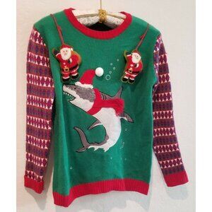 Blizzard Bay Boys Shark Santa Holiday Christmas Sweater XL 18/20 Green/Red Knit